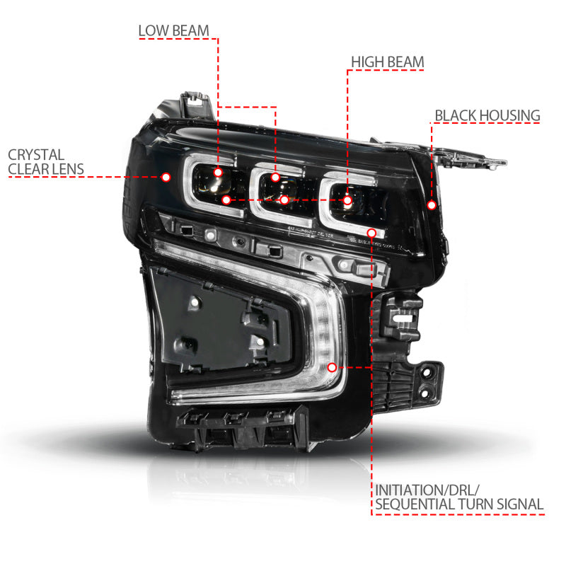 ANZO 21-23 Chevy Tahoe/Suburban LED Light Bar Style Headlights Black w/ Squential DRL (Right Side)