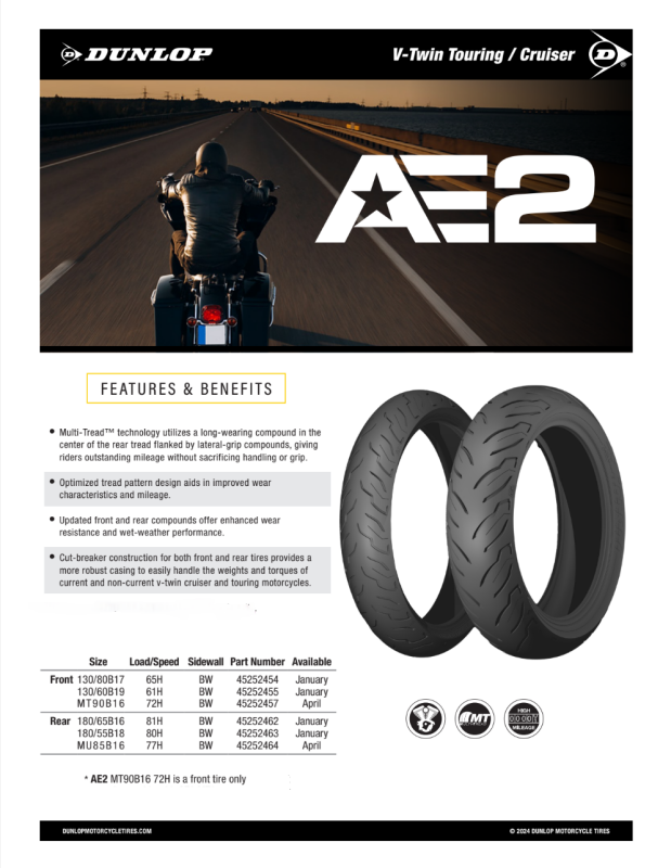 Dunlop AE2 Bias Rear Tire - 180/65B16 M/C 81H TL