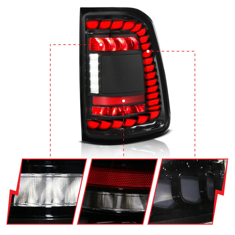 ANZO 19-24 RAM 1500 (Factory Halogen Models) Full LED Tail Lights SeqSig Black - Pair