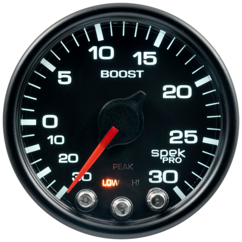 Autometer Spek-Pro Gauge Vac/Boost 2 1/16in 30Inhg-30psi Stepper Motor W/Peak &amp; Warn Black/Black
