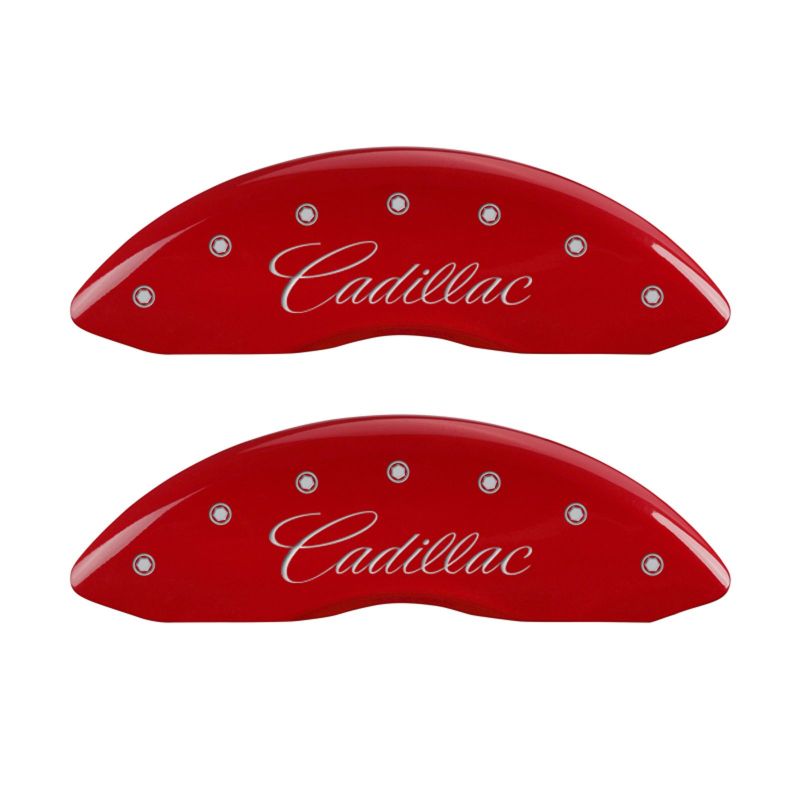 MGP 4 Caliper Covers Engraved Front &amp; Rear Cursive/Cadillac Red finish silver ch