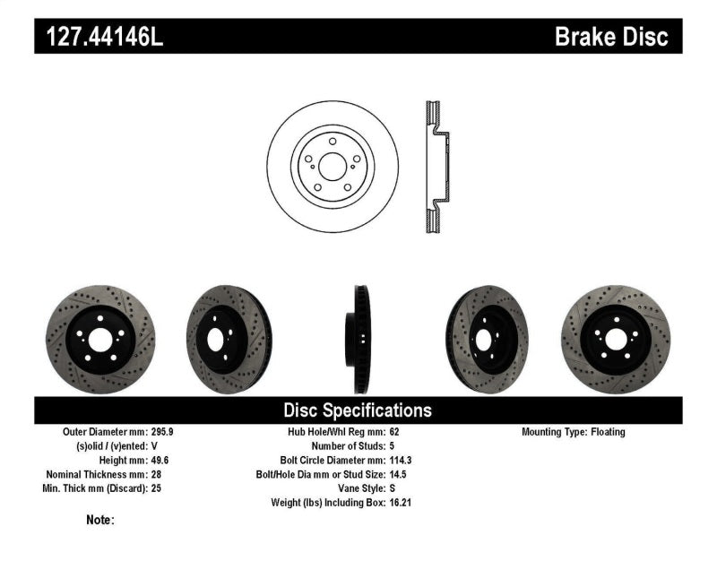 StopTech 07-09 Lexus ES 250/ES 300/ ES330/ES350 SportStop Slotted &amp; Drilled Left Front Rotor