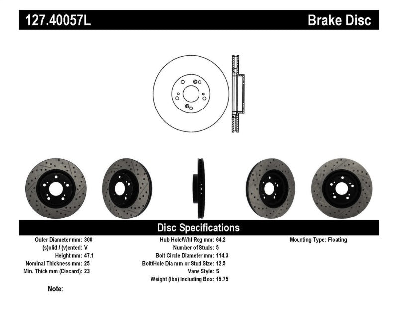 StopTech 02-06 Acura RSX Type S / 06-09 Honda Civic Si Slotted &amp; Drilled Left Front Rotor