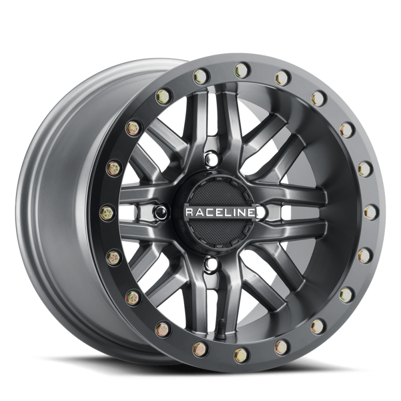 Raceline A91G Ryno 14x7in/4x156 BP/10mm Offset/132.5mm Bore - Gunmetal &amp; Black Ring Beadlock Wheel