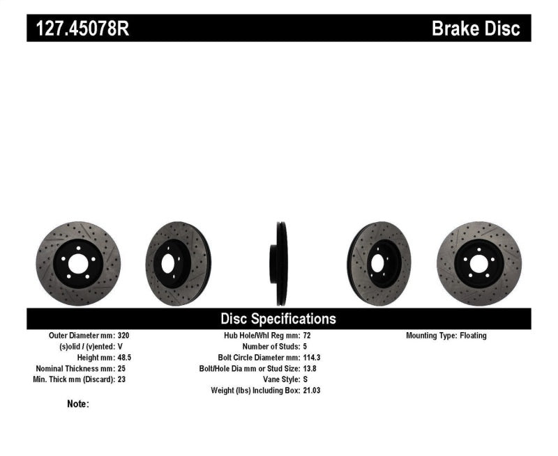 StopTech 07-09 Mazda 3 Right Front Slotted &amp; Drilled Rotors