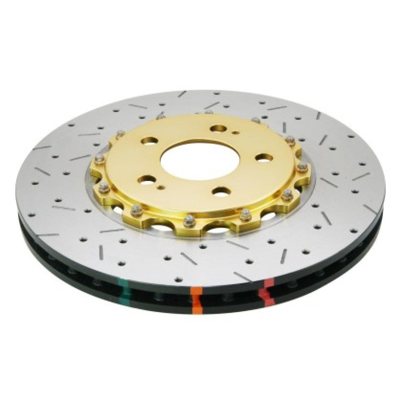 DBA 08-17 Mitsubishi Evo X Front Drilled &amp; Slotted 5000 Series 2 Piece Rotor w/ Gold Hat