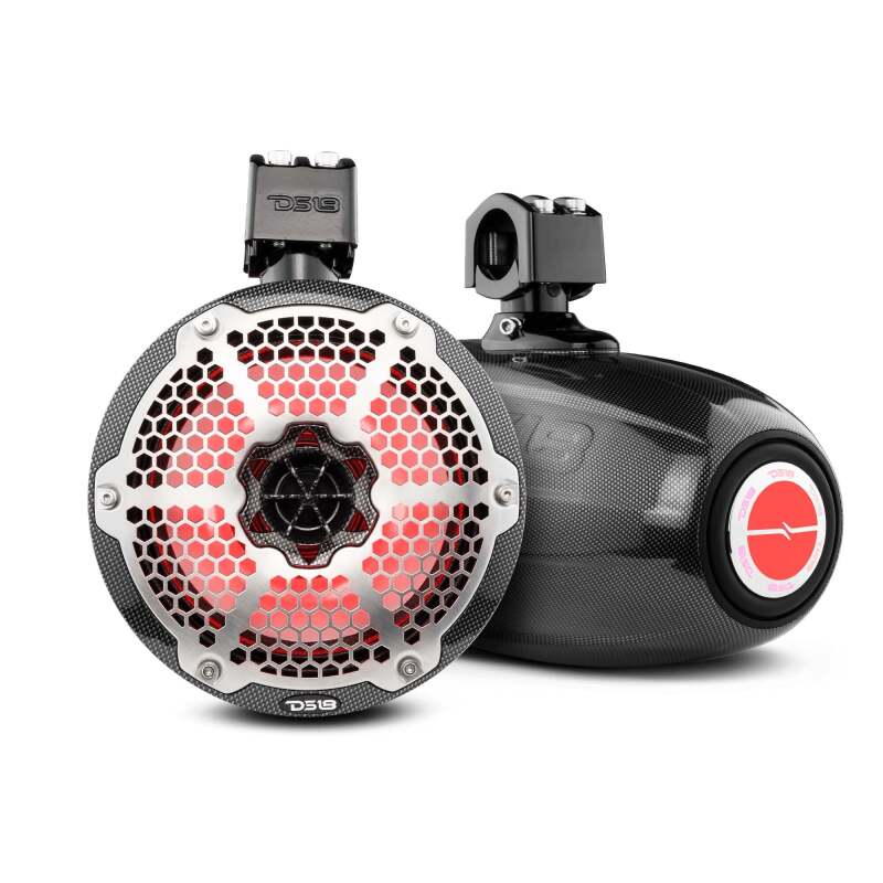 DS18 Marine And Psports Towers With Built In 8in 1in Driver 180 Watts RMS RGB LEDs Blk Crbn Fiber