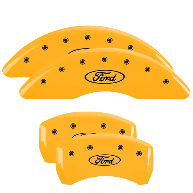 MGP 4 Caliper Covers Engraved Front &amp; Rear 24-25 Ford Mustang EcoBoost Yellow Finish Black Ford Logo