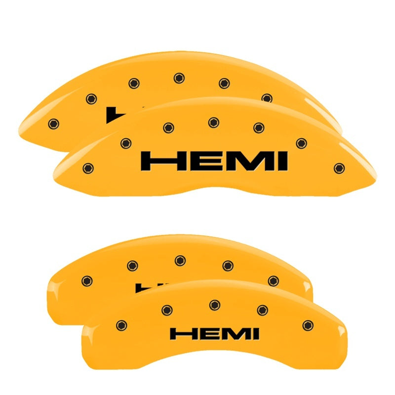 MGP 4 Caliper Covers Engraved Front &amp; Rear 11-18 Jeep Grand Cherokee Yellow Finish Black Hemi Logo