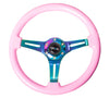 NRG Classic Wood Grain Steering Wheel (350mm) Solid Pink Painted Grip w/Neochrome 3-Spoke Center