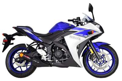 a blue and white yamaha motorcycle on a white background