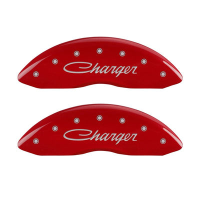 MGP 4 Caliper Covers Engraved Front & Rear Cursive/Charger Red finish silver ch