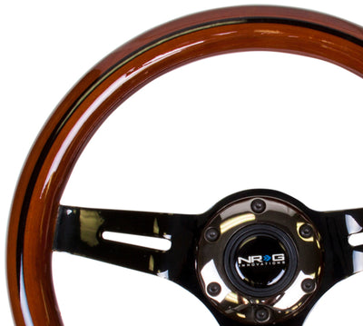 NRG Classic Wood Grain Steering Wheel (310mm) Dark Wood & Black Line Inlay w/Blk Chrome 3-Spoke Ctr.