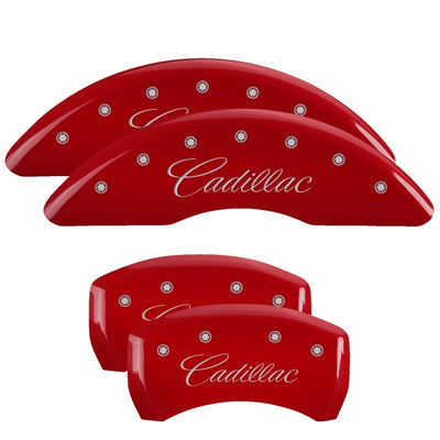 MGP 4 Caliper Covers Engraved Front Cursive/Cadillac Engraved Rear XLR Red finish silver ch