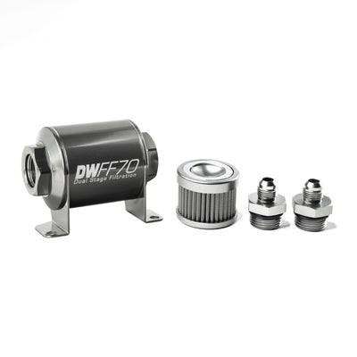 DeatschWerks Stainless Steel 6AN 10 Micron Universal Inline Fuel Filter Housing Kit (70mm)
