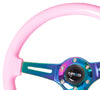 NRG Classic Wood Grain Steering Wheel (350mm) Solid Pink Painted Grip w/Neochrome 3-Spoke Center